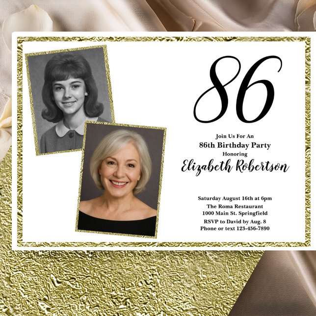 Invitation 86e personnalisé Photo Blanc et Or  (Créateur téléchargé)