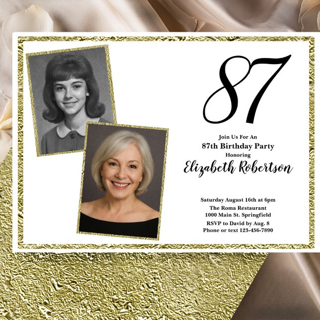 Invitation 87e photo personnalisée blanc et or (Créateur téléchargé)