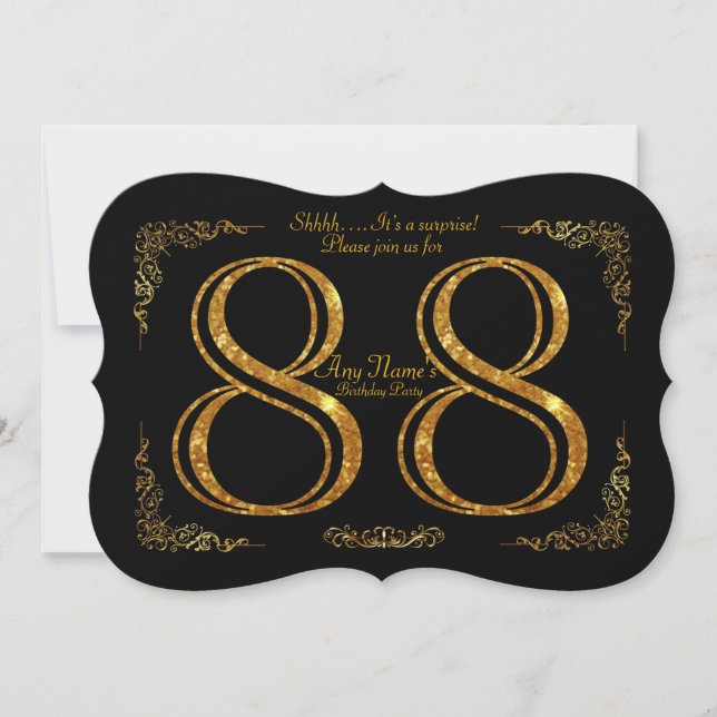 Invitation 88e,Fête d'anniversaire 88e,grand Gatsby,noir & or (Devant)
