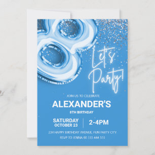 Invitation 8 Anniversaire Balloon Boy Blue Neon