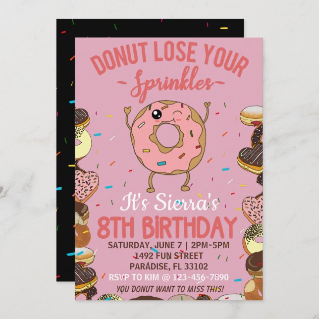 Invitation 8 Anniversaire Donut Perdre tes arroses Filles (Devant / Derrière)
