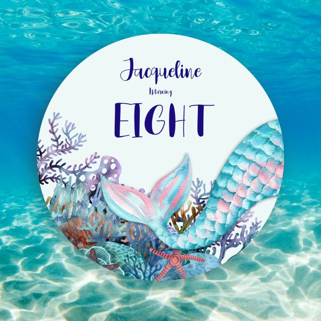 Invitation 8 Anniversaire Sirène d'aquarelle sous la mer (Créateur téléchargé)