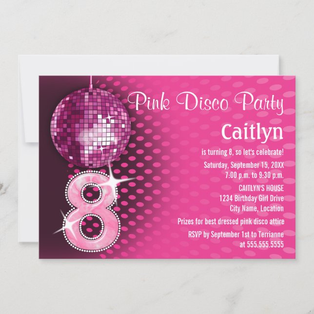 Invitation 8 Anniversaire Soirée Disco Rose (Devant)