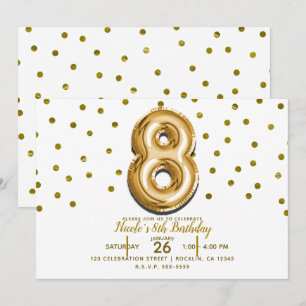 Invitation 8 Huit Ballons Confettis Or 8ème Anniversaire