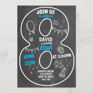Invitation 8e anniversaire Boy Chalkboard Number Blue