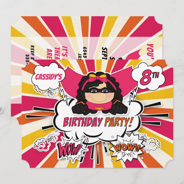 Invitation 8e anniversaire de fête filles Superhero Pink Comi (Devant / Derrière)