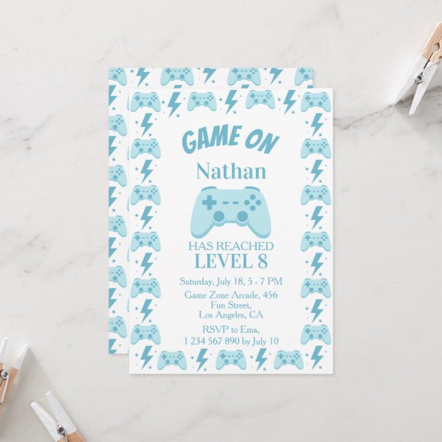 Invitation 8e anniversaire garçon | Fête de jeu vidéo - Nivea (Devant/Arrière en situation)