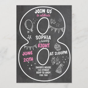 Invitation 8e anniversaire Girl Chalkboard Numéro rose