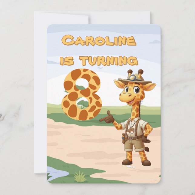 Invitation 8e anniversaire Jolie exploratrice Girafe en safar (Devant)