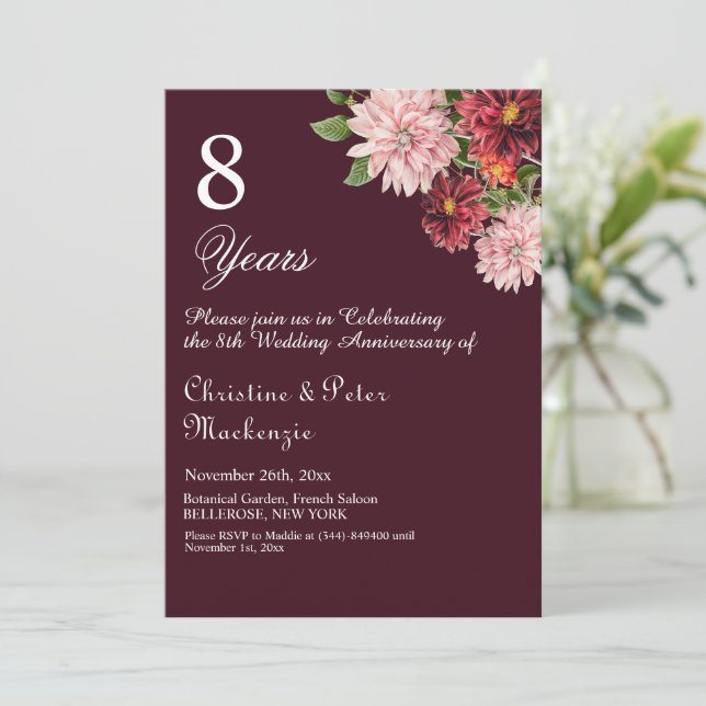 Invitation 8e anniversaire Mariage de bronze Bourgogne Floral (Debout devant)
