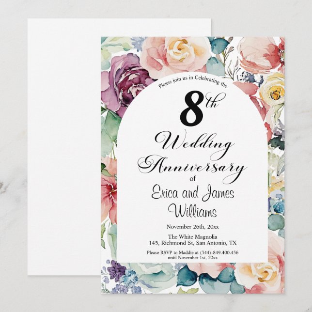 Invitation 8e anniversaire Mariage Élégant script floral (Devant / Derrière)