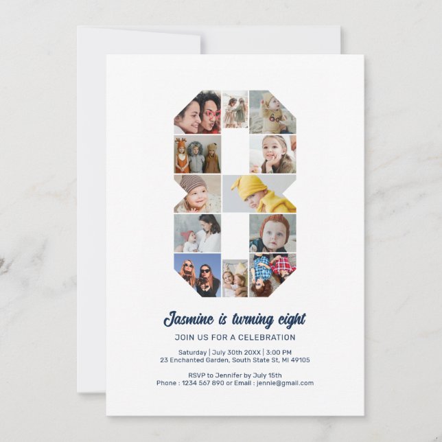 Invitation 8e anniversaire Numéro 8 photo personnalisée Colla (Devant)