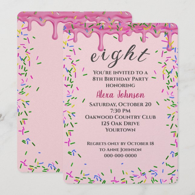 Invitation 8e Anniversaire Pink Icing Et Sprinkings (Devant / Derrière)
