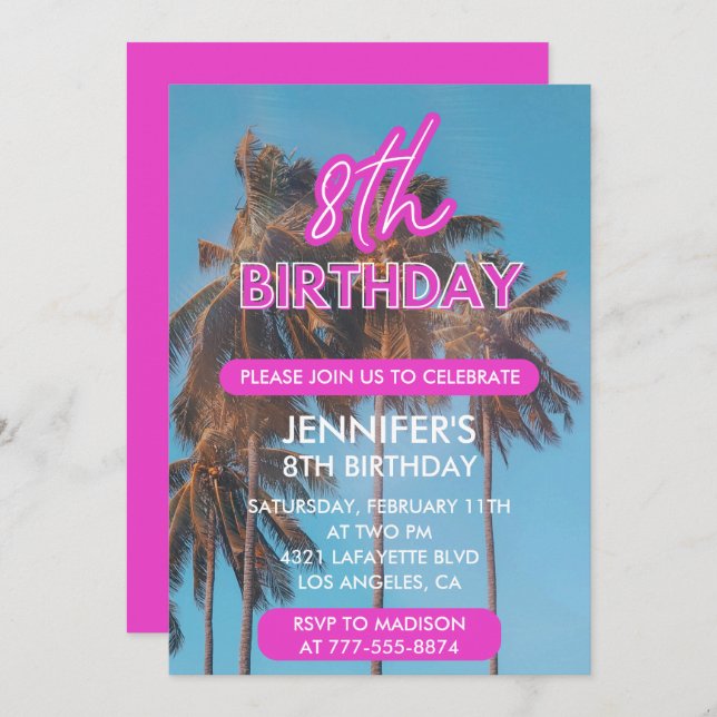 Invitation 8e anniversaire Summer Tropical Palm tr (Devant / Derrière)
