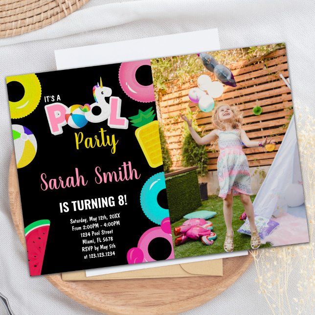 Invitation 8e pastèque Unicorn Piscine photo Anniversaire (8th Unicorn watermelon Photo Pool Birthday Invitation)