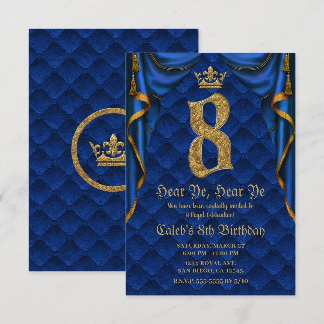 Invitation 8ème Fête d'anniversaire Couronne Royale Bleue et  (Devant / Derrière)