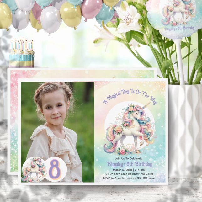 Invitation 8ème Fête de licorne pastel de la huitième arc-en- (8th Eighth Unicorn Party Pastel Rainbow Party Invitation)