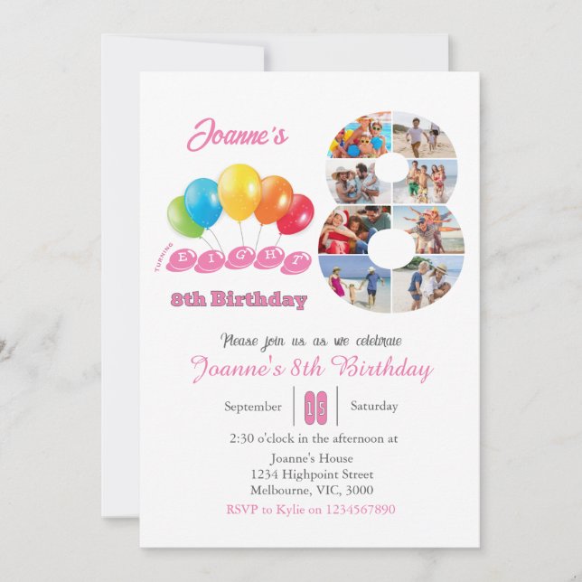Invitation 8th birthday photo collage number 8 Girl  (Devant)