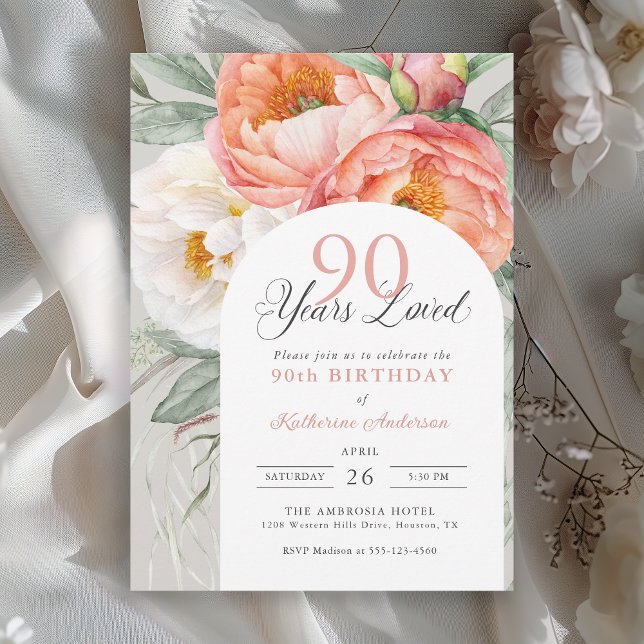 Invitation 90 ans Feminine Floral aimée 90e anniversaire (Available in both printed and instant download digital formats.)