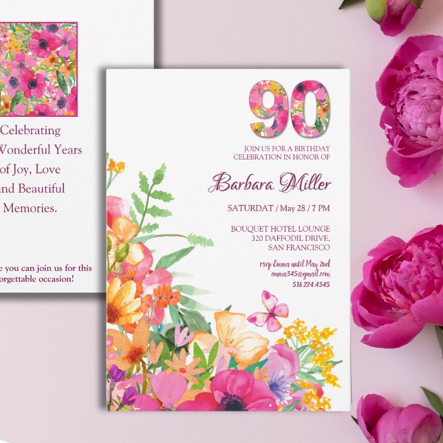 Invitation 90 Ans Fleurs Papillon Grand-mère 90e Anniversaire (Créateur téléchargé)