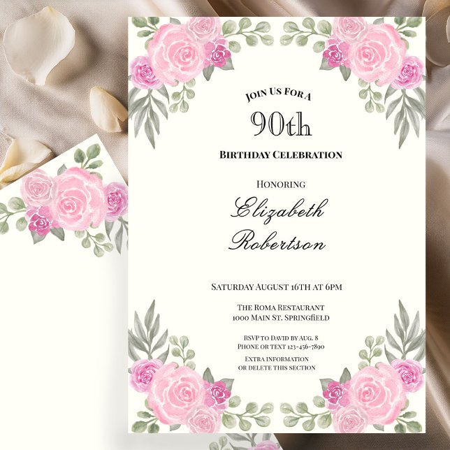 Invitation 90 ans Fleurs Rose et Vert Sauge (Créateur téléchargé)