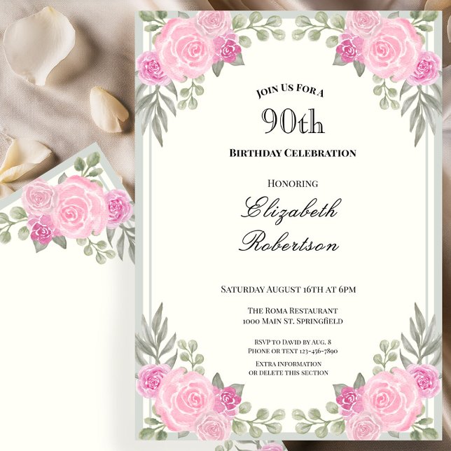 Invitation 90 ans Fleurs Rose et Vert Sauge (Créateur téléchargé)
