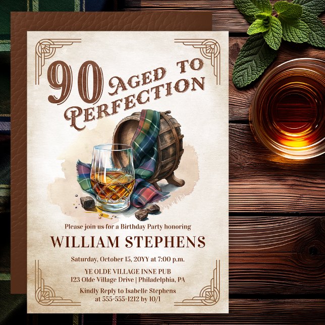 Invitation 90 ans, un scotch vieilli à la perfection pour une (Aged to Perfection 90th Birthday Party Scotch Whiskey Invitation for Men)