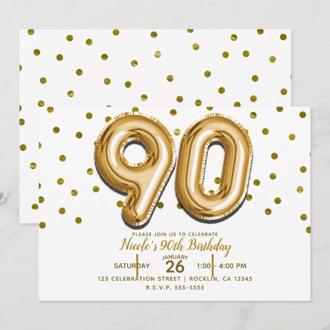 Invitation 90 Ballons Dorés et Confettis Fête d'anniversaire  (Devant / Derrière)