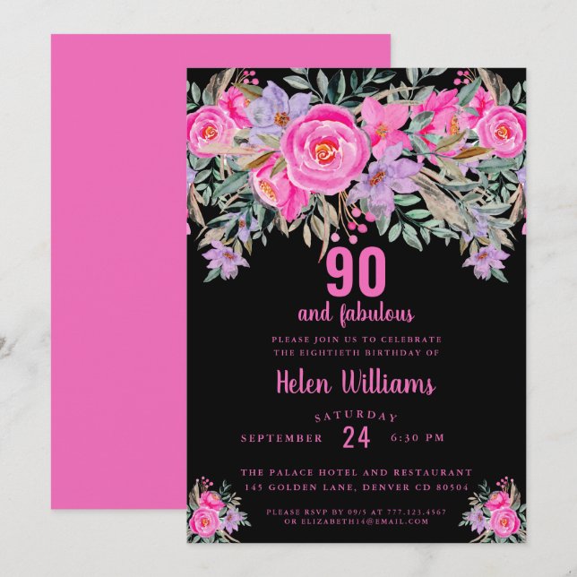 Invitation 90 et fabuleux 90e anniversaire noir rose (Devant / Derrière)