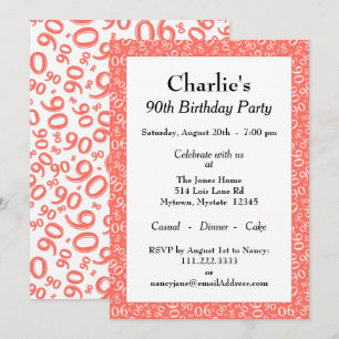Invitation 90 Motif Nombre Aléatoire Corail/Blanc 90ème