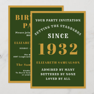 Invitation 90e anniversaire 1932 Elégant Green Gold Nom Age