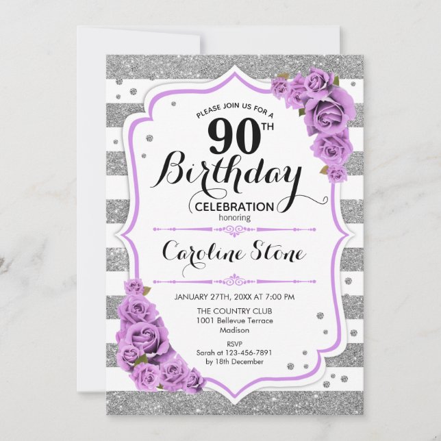 Invitation 90e anniversaire - Argent blanc rayures Roses viol (Devant)