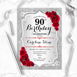 Invitation 90e anniversaire - Argent rayures Roses rouges
