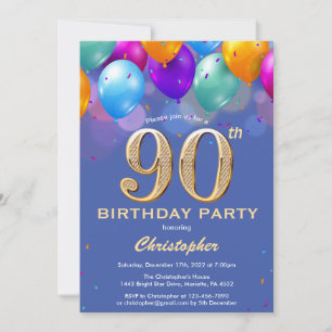 Invitation 90e anniversaire Ballons bleus et dorés