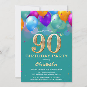 Invitation 90e anniversaire Ballons Turquoises et dorés