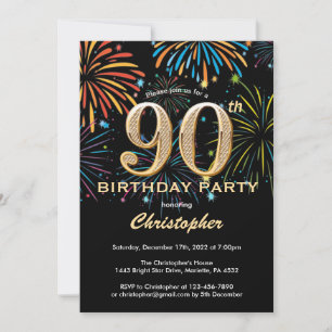 Invitation 90e anniversaire Black and Gold Rainbow Fireworks