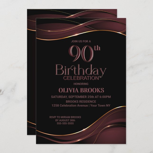 Invitation 90e anniversaire Black Dusty Pink Party (Devant / Derrière)