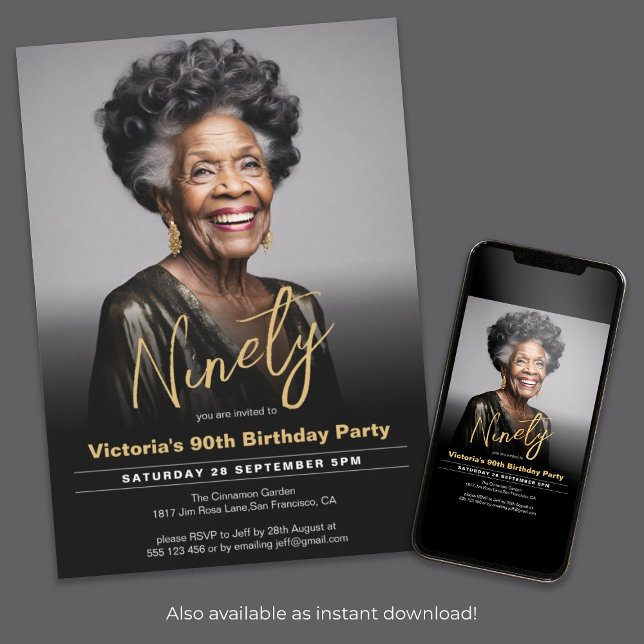 Invitation 90e anniversaire Black Gold Minimal photo moderne (90th Birthday Black Gold Minimal Modern Photo Invitation)