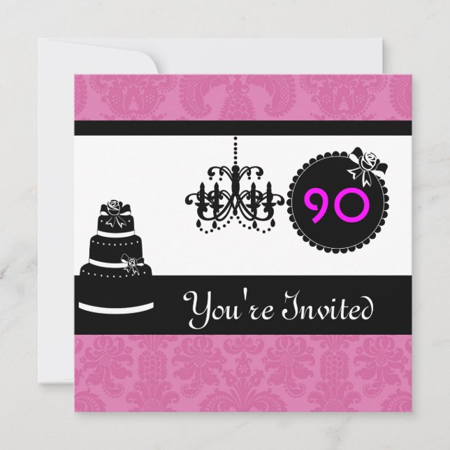 Invitation 90e anniversaire Black & White & PINK Damask In (Devant)