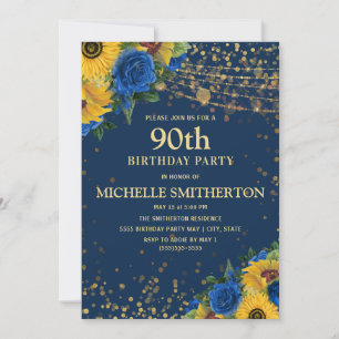 Invitation 90e Anniversaire Bleu Nuit Tournesols Jaunes Or