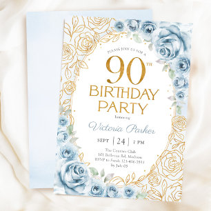 Invitation 90e Anniversaire Bleu Poussiéreux Or Floral Fémini