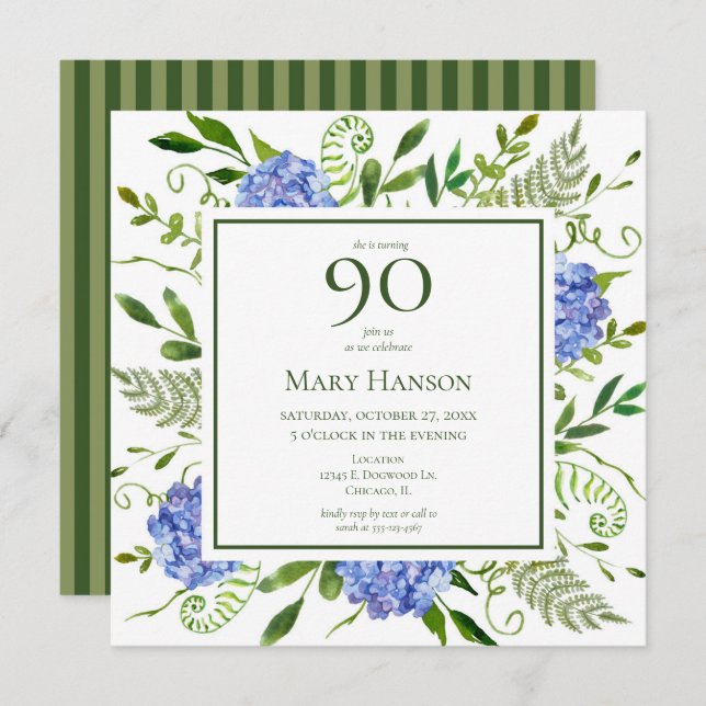 Invitation 90e anniversaire Blue Hydrangeas (Devant / Derrière)