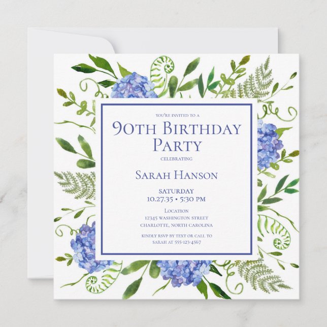 Invitation 90e anniversaire Blue Hydrangeas Floral Aquarelle (Devant)