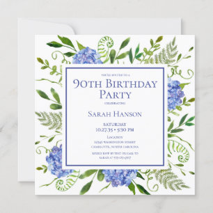 Invitation 90e anniversaire Blue Hydrangeas Floral Aquarelle