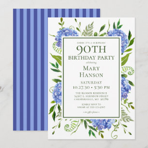 Invitation 90e anniversaire Blue Hydrangeas Floral Aquarelle