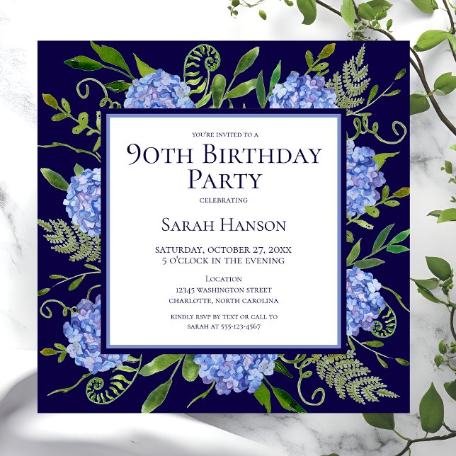 Invitation 90e anniversaire Blue Hydrangeas Floral Aquarelle (Créateur téléchargé)