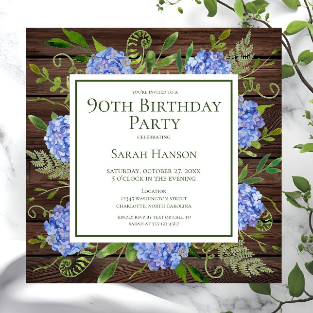 Invitation 90e anniversaire Blue Hydrangeas Floral Aquarelle (Créateur téléchargé)