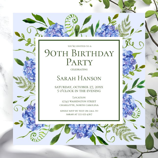 Invitation 90e anniversaire Blue Hydrangeas Floral Aquarelle (Créateur téléchargé)