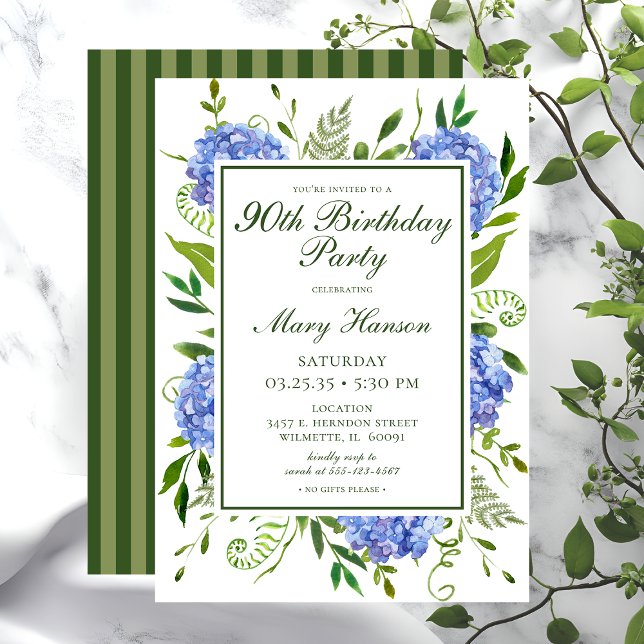 Invitation 90e anniversaire Blue Hydrangeas Floral Aquarelle (Créateur téléchargé)