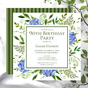Invitation 90e anniversaire Blue Hydrangeas Floral Aquarelle